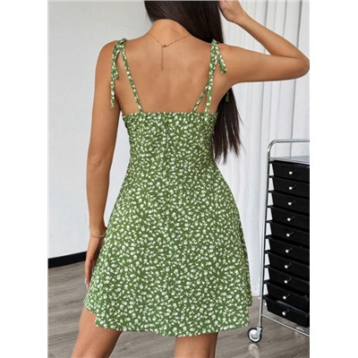 Breezaya Women's Ditsy Floral Ruched Bust Tie-Front Crop Cami Mini Dress