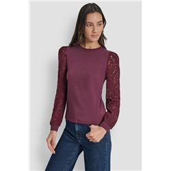 LACE PUFF LONG SLEEVE CREW NECK TEE