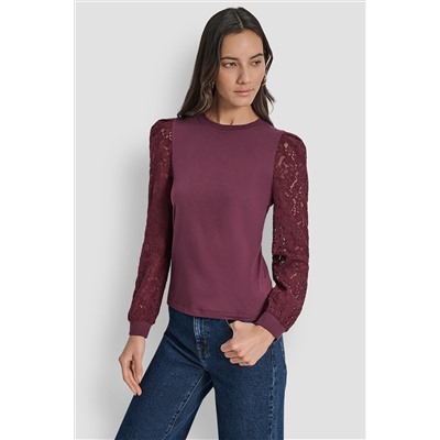 LACE PUFF LONG SLEEVE CREW NECK TEE
