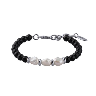 Браслет Селена (жемчуг белый, агат черный 6мм; покрытие родий) 17-22см, Есть комплект