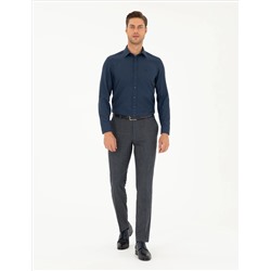 Lacivert Slim Fit Armürlü Uzun Kollu Gömlek
