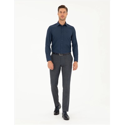 Lacivert Slim Fit Armürlü Uzun Kollu Gömlek