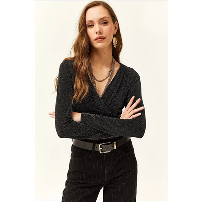 Olalook Kadın Siyah Kruvaze Simli Crop Bluz BLZ-19002433