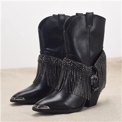 Крутые кожаные короткие сапоги с кисточками из страз на толстом каблуке в ковбойском стиле