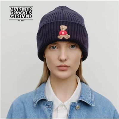 Толстая теплая вязаная шапка из смеси шерсти с вышитым рисунком медведя