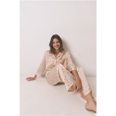 Pijama camisero largo satén rosa
