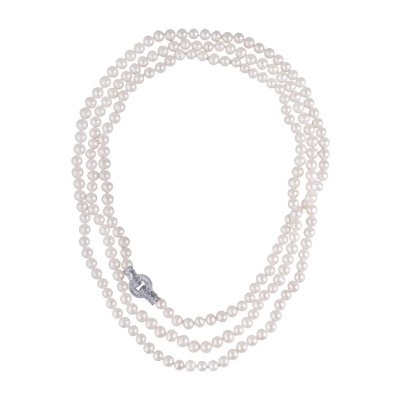 Колье (жемчуг белый 7-8мм, фианит; покрытие родий) 160см, Есть комплект