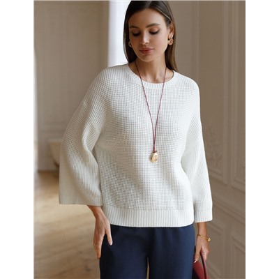 Укороченный джемпер с широкими рукавами рельефной вязки из хлопка с акрилом