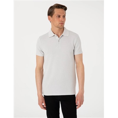 Gri Slim Fit Örme Dokulu Polo Yaka Tişört