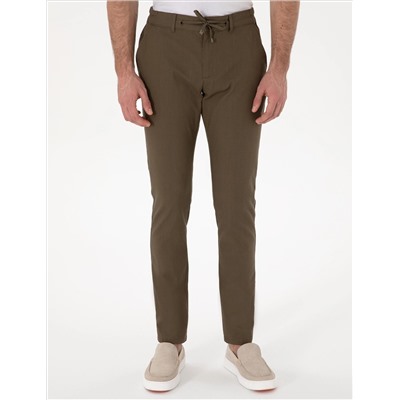 Haki Slim Fit Keten Görünümlü Kanvas Pantolon