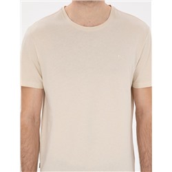 Bej %100 Pamuk Slim Fit Bisiklet Yaka Basic Tişört
