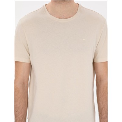 Bej %100 Pamuk Slim Fit Bisiklet Yaka Basic Tişört