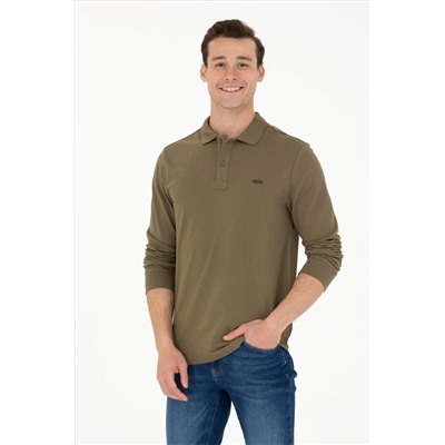 Erkek Haki Polo Yaka Basic Sweatshirt