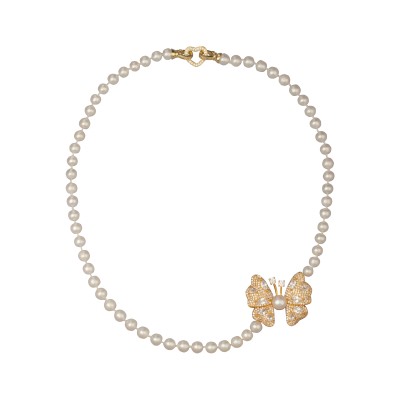 Колье (жемчуг белый 7мм, белый фианит; покрытие золото) 48см, Есть комплект