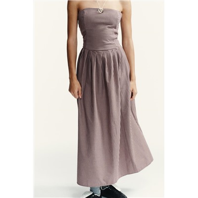 GINGHAM CHECK STRAPLESS MIDI DRESS