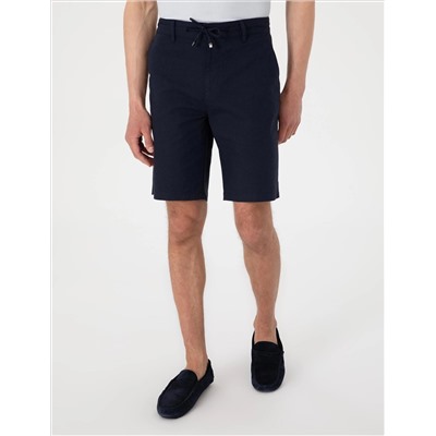 Lacivert Slim Fit Keten Karışımlı Beli Bağcıklı Dokuma Şort