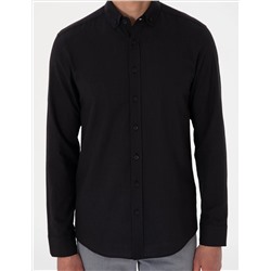 Siyah Keten Görünümlü Slim Fit Uzun Kollu Gömlek