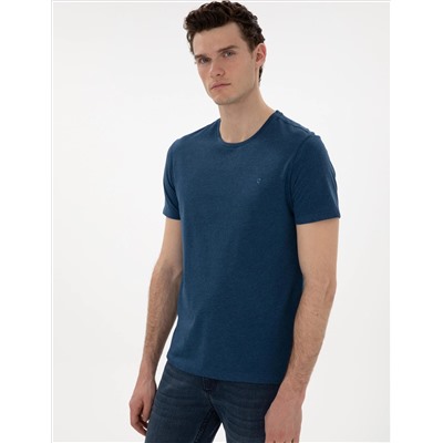 İndigo Melanj Pamuk Karışımlı Slim Fit Bisiklet Yaka Basic Tişört