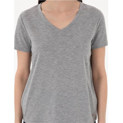 Gri Melanj Regular Fit V Yaka Basic Tişört