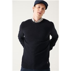 Lacivert Bisiklet Yaka Önü Dokulu Regular Fit Triko Kazak