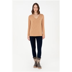 Kadın Camel V Yaka Sweatshirt