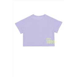 Kız Çocuk Lila Bisiklet Yaka Crop Tişört