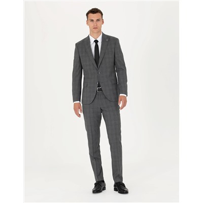 Füme Ekose Yün Karışımlı Ekstra Slim Fit Takım Elbise