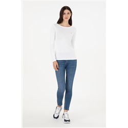 Kadın Beyaz Bisiklet Yaka Sweatshirt