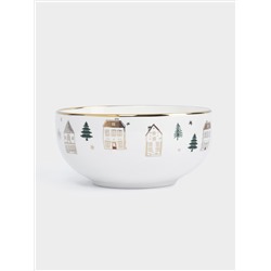 Пиала, 14x7 см, фарфор N, бело-золотистая, Домики и ели, Townlet