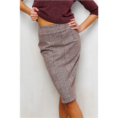 273-1BRN Юбка теплая в клетку миди