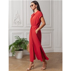 Длинное платье-рубашка с поясом и разрезами изо льна с вискозой