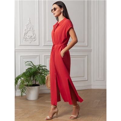 Длинное платье-рубашка с поясом и разрезами изо льна с вискозой