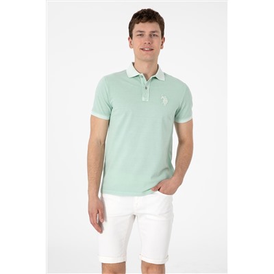 Erkek Slim Fit Polo Yaka Su Yeşili Yıkamalı Basic Tişört