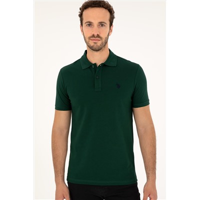 Erkek Slim Fit Polo Yaka Koyu Yeşil Basic Tişört