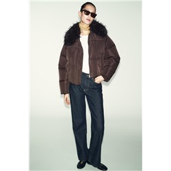 PUFFER BOMBER JACKET WITH FAUX FUR LAPEL