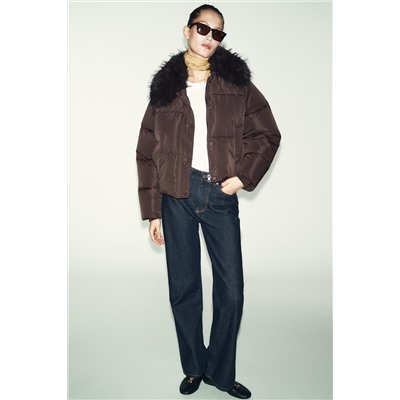 PUFFER BOMBER JACKET WITH FAUX FUR LAPEL