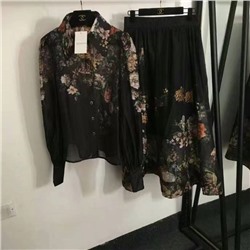 Костюм Zimmermann, элегантная пышная рубашка с длинными рукавами и ярким цветочным принтом + юбка средней длины с высокой талией, черный, S-XL, [размер M; обхват груди 98, длина рукава 70, длина платья 60, талия 72; длина 87 】