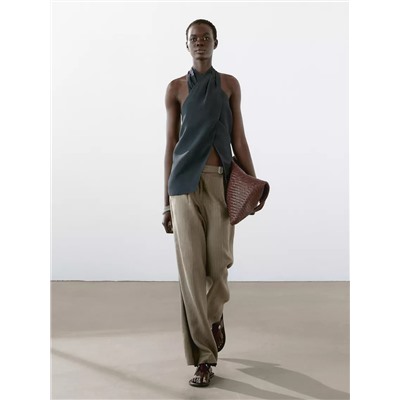 100% linen striped trousers with buckle detail