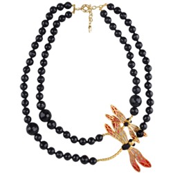 Колье Стрекоза (эмаль красная, розовая, агат; матовое золото) 70см, Есть комплект