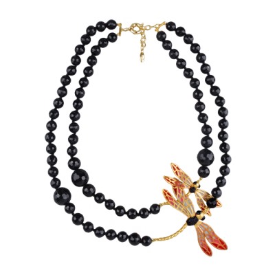 Колье Стрекоза (эмаль красная, розовая, агат; матовое золото) 70см, Есть комплект