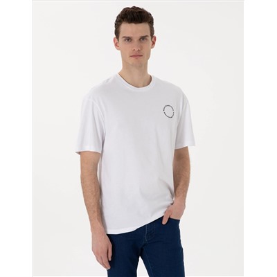 Beyaz Comfort Fit Bisiklet Yaka Tişört