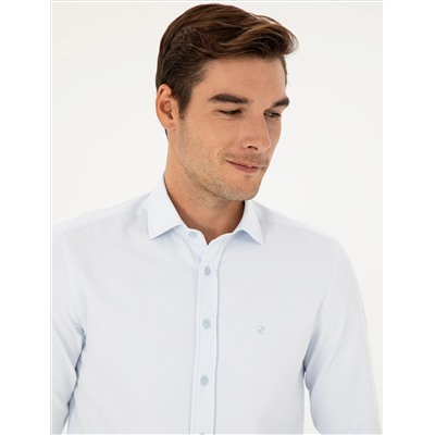 Açık Mavi Slim Fit Armürlü Uzun Kollu Gömlek