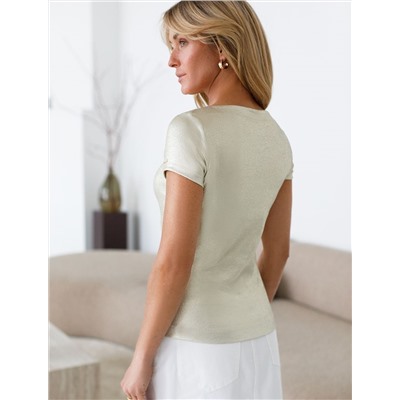 Футболка облегающая из хлопка в рубчик с вырезом лодочка с матовым покрытием металлик