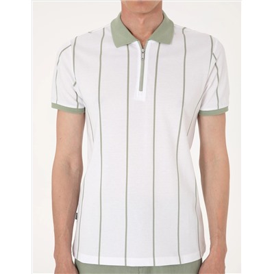 Çağla Yeşili Çizgi Detaylı Slim Fit Polo Yaka Tişört