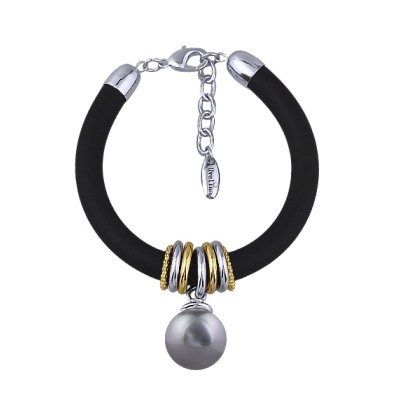 Браслет Гевея (Майорка 16мм серо-голубая, каучук черный; покрытие родий) 19-22см, Есть комплект