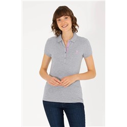 Kadın Gri Melanj Basic Polo Yaka Tişört