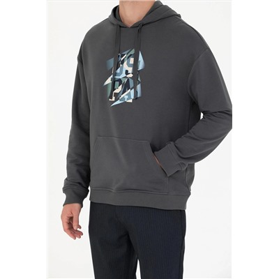 Erkek Antrasit Kapüşonlu Oversize Sweatshirt