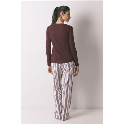 Pantalón largo 100% algodón estampado rayas granate