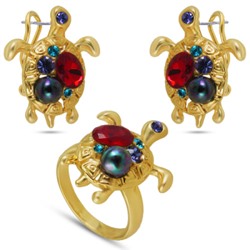 Комплект серьги, кольцо (кристаллы микс, жемчуг; покрытие золото)