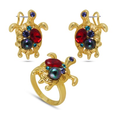 Комплект серьги, кольцо (кристаллы микс, жемчуг; покрытие золото)